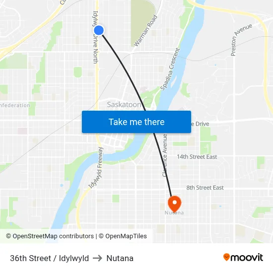 36th Street / Idylwyld to Nutana map