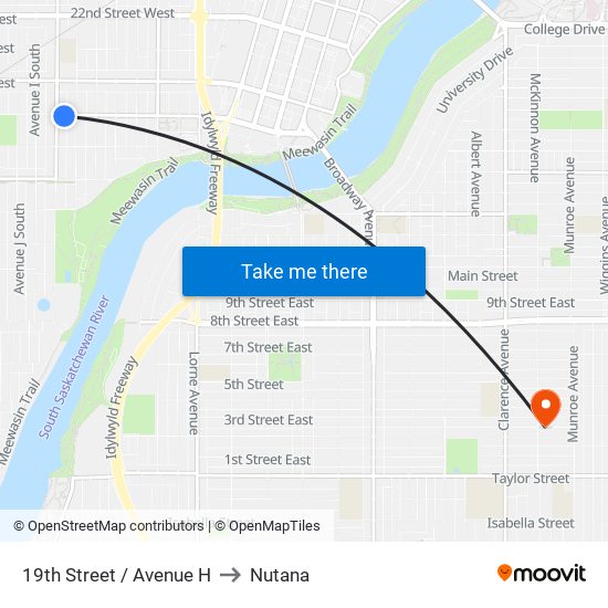 19th Street / Avenue H to Nutana map