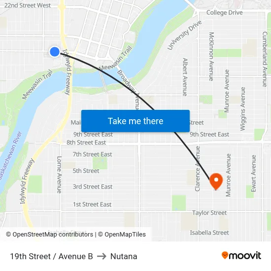 19th Street / Avenue B to Nutana map