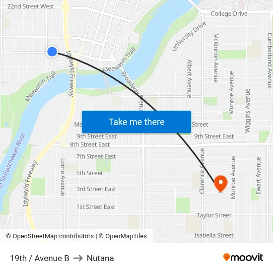 19th / Avenue B to Nutana map