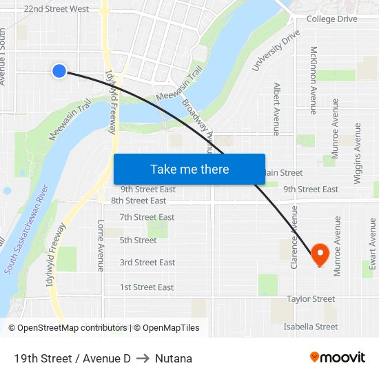 19th Street / Avenue D to Nutana map