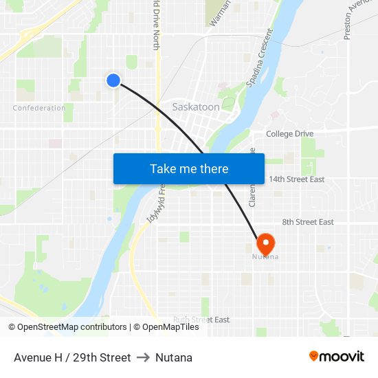 Avenue H / 29th Street to Nutana map