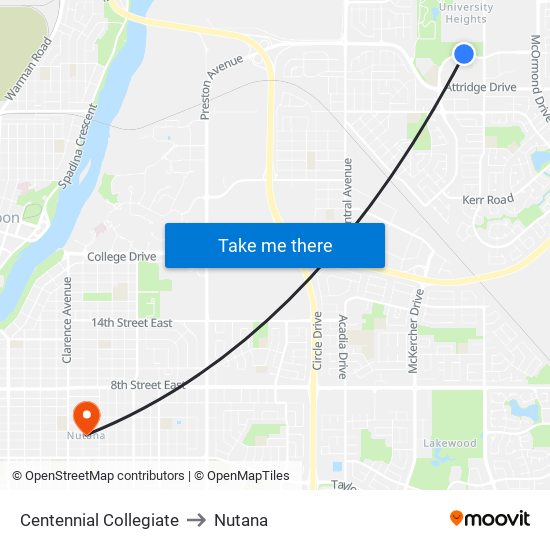 Centennial Collegiate to Nutana map