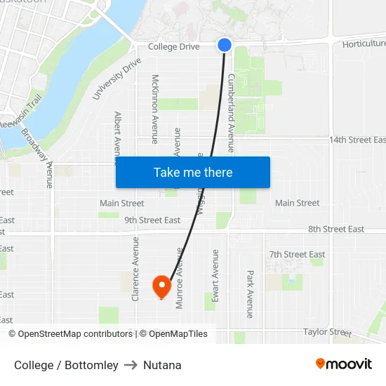 College / Bottomley to Nutana map