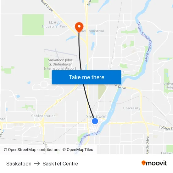 Saskatoon to SaskTel Centre map