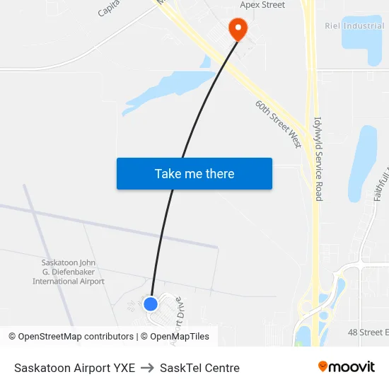 Saskatoon Airport YXE to SaskTel Centre map