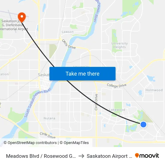 Meadows Blvd / Rosewood Gate N to Saskatoon Airport YXE map