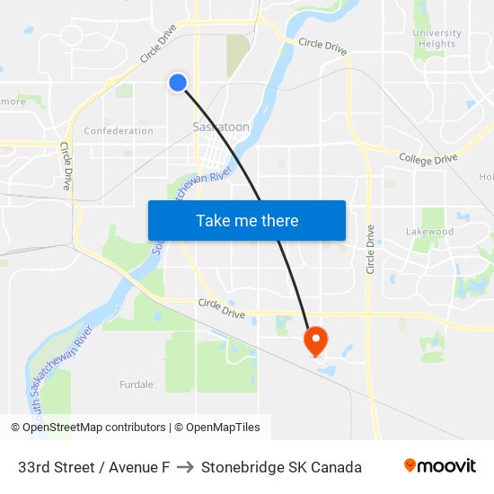 33rd Street / Avenue F to Stonebridge SK Canada map