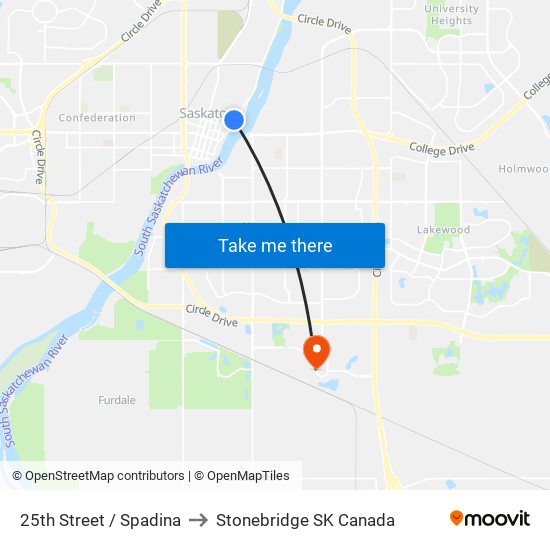 25th Street / Spadina to Stonebridge SK Canada map