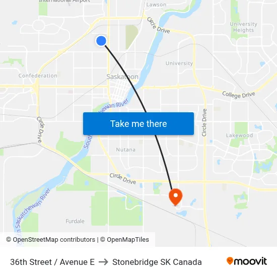 36th Street / Avenue E to Stonebridge SK Canada map
