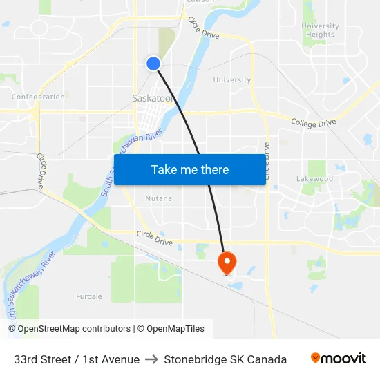 33rd Street / 1st Avenue to Stonebridge SK Canada map