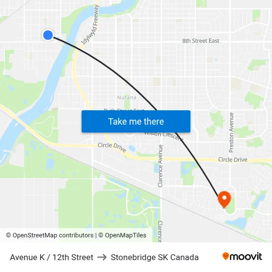 Avenue K / 12th Street to Stonebridge SK Canada map