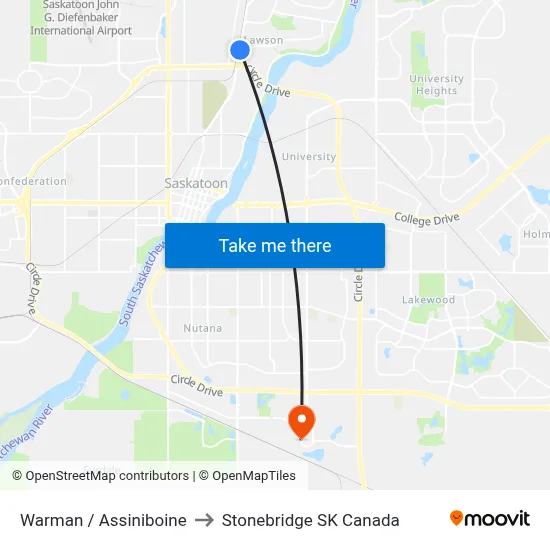 Warman / Assiniboine to Stonebridge SK Canada map