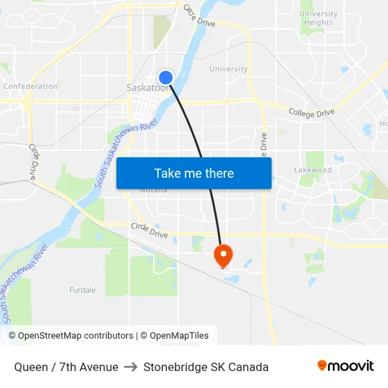 Queen / 7th Avenue to Stonebridge SK Canada map