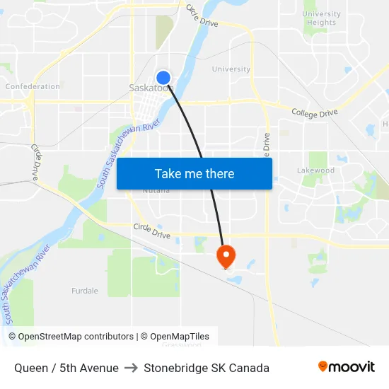 Queen / 5th Avenue to Stonebridge SK Canada map