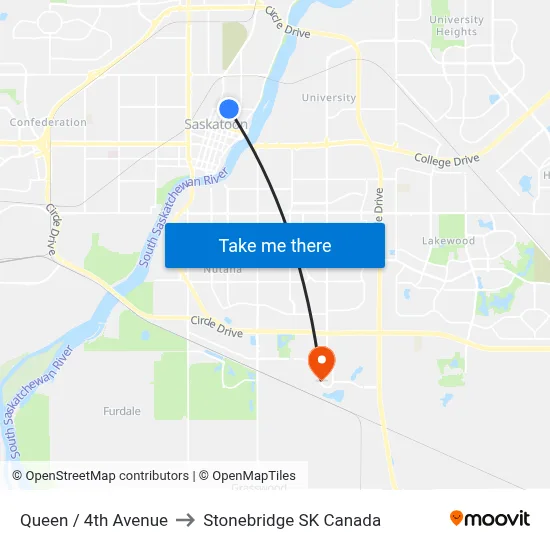 Queen / 4th Avenue to Stonebridge SK Canada map