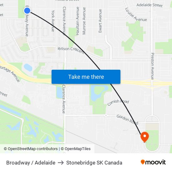 Broadway / Adelaide to Stonebridge SK Canada map