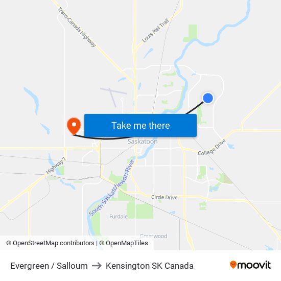 Evergreen / Salloum to Kensington SK Canada map