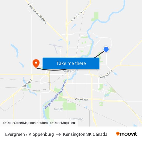 Evergreen / Kloppenburg to Kensington SK Canada map