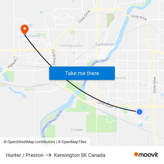 Hunter / Preston to Kensington SK Canada map