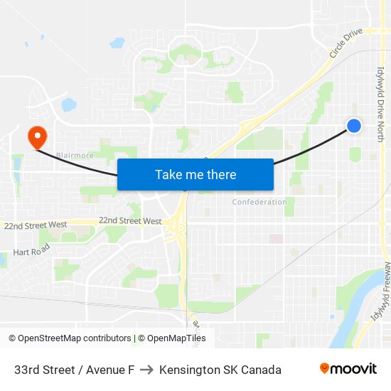 33rd Street / Avenue F to Kensington SK Canada map