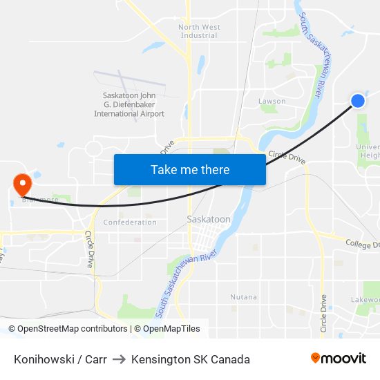 Konihowski / Carr to Kensington SK Canada map