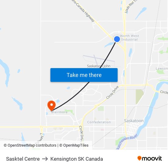 Sasktel Centre to Kensington SK Canada map