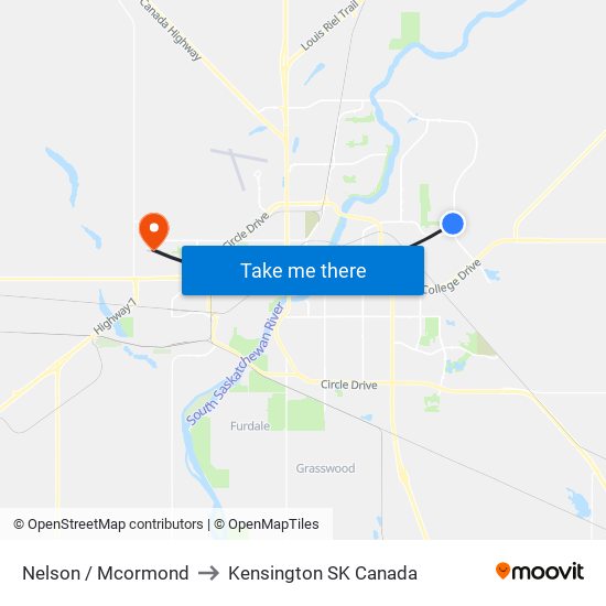 Nelson / Mcormond to Kensington SK Canada map
