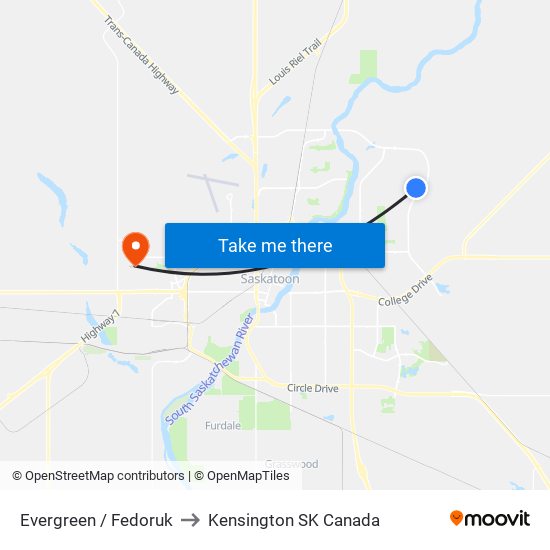 Evergreen / Fedoruk to Kensington SK Canada map