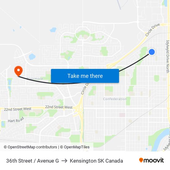 36th Street / Avenue G to Kensington SK Canada map