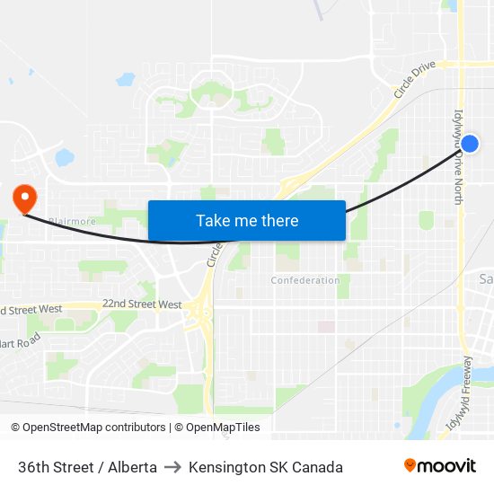 36th Street / Alberta to Kensington SK Canada map