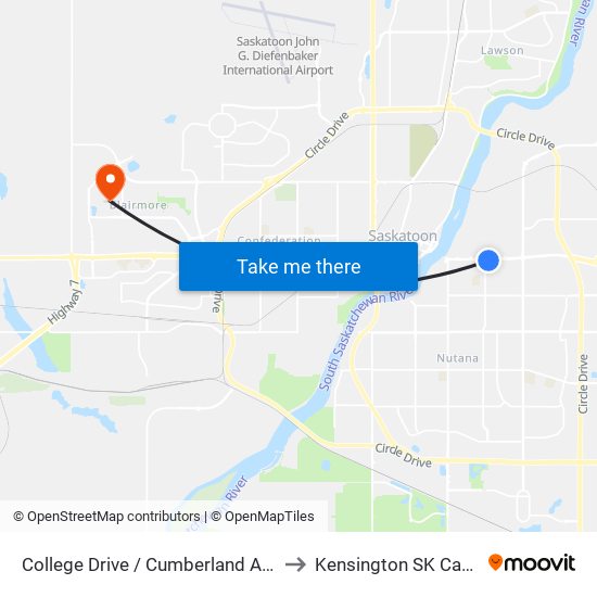 College Drive / Cumberland Avenue to Kensington SK Canada map