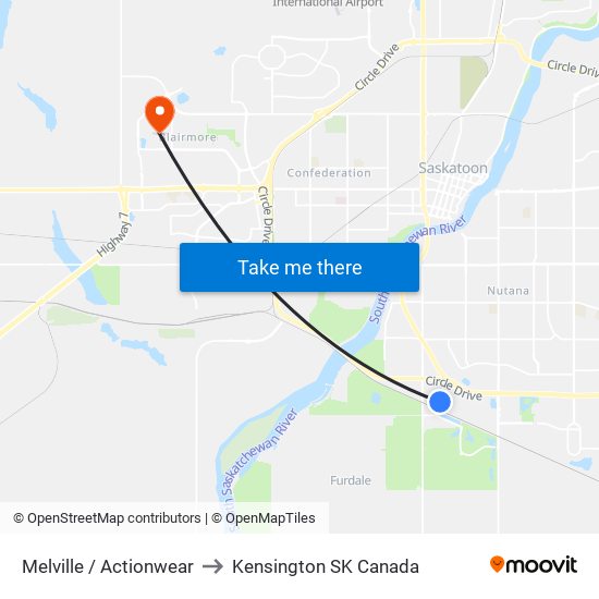 Melville / Actionwear to Kensington SK Canada map