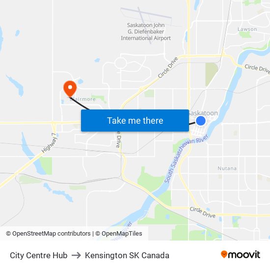 City Centre Hub to Kensington SK Canada map