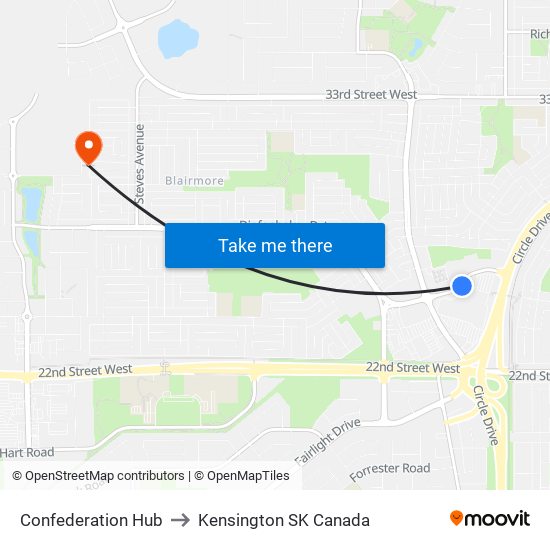 Confederation Hub to Kensington SK Canada map