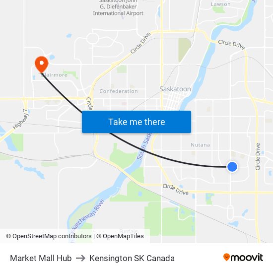 Market Mall Hub to Kensington SK Canada map