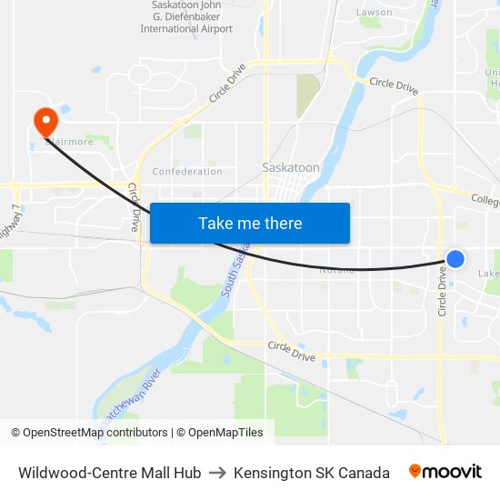 Wildwood-Centre Mall Hub to Kensington SK Canada map