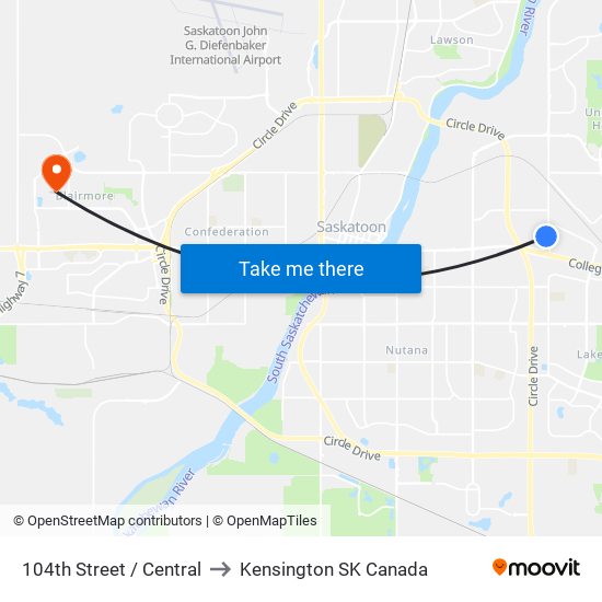 104th Street / Central to Kensington SK Canada map