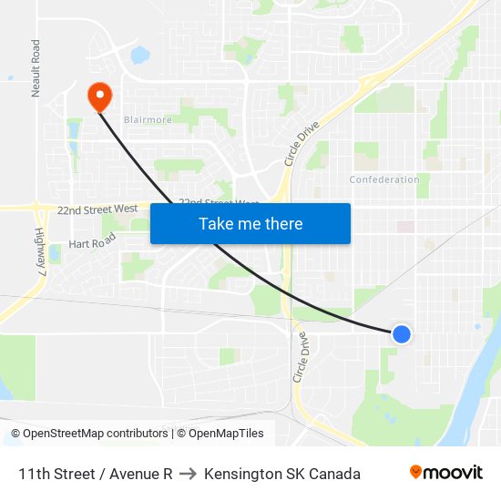 11th Street / Avenue R to Kensington SK Canada map