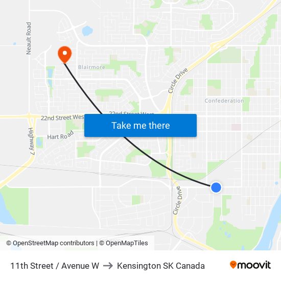 11th Street / Avenue W to Kensington SK Canada map