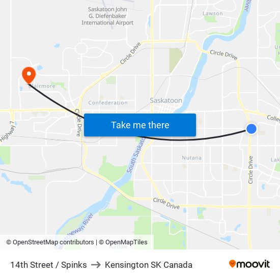 14th Street / Spinks to Kensington SK Canada map