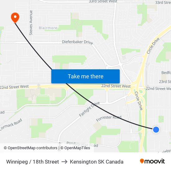 Winnipeg / 18th Street to Kensington SK Canada map