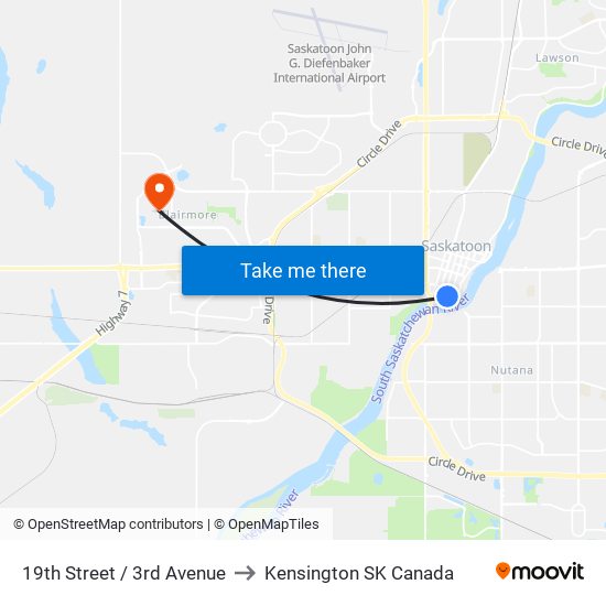 19th Street / 3rd Avenue to Kensington SK Canada map