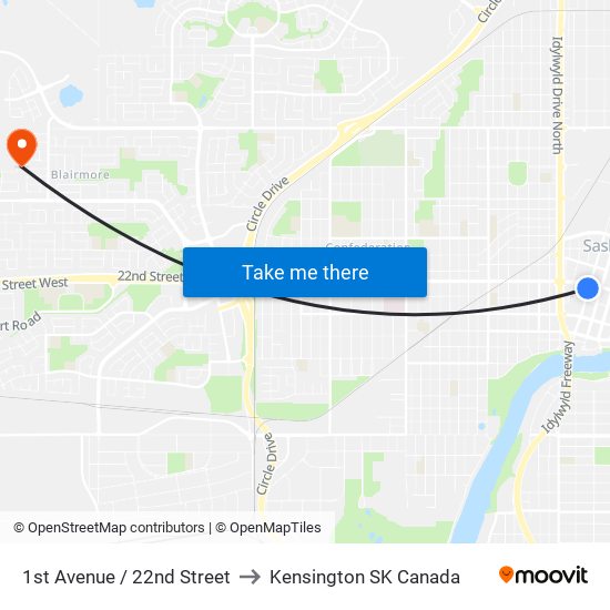 1st Avenue / 22nd Street to Kensington SK Canada map