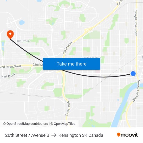 20th Street / Avenue B to Kensington SK Canada map