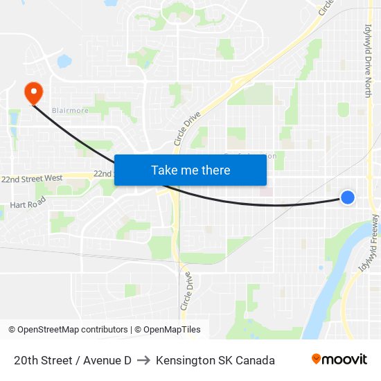 20th Street / Avenue D to Kensington SK Canada map