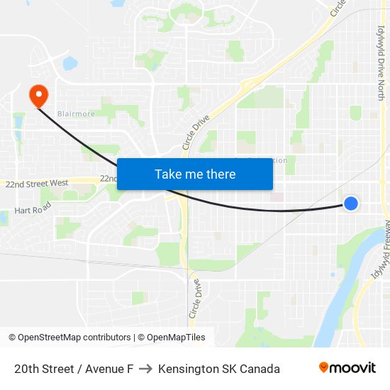 20th Street / Avenue F to Kensington SK Canada map
