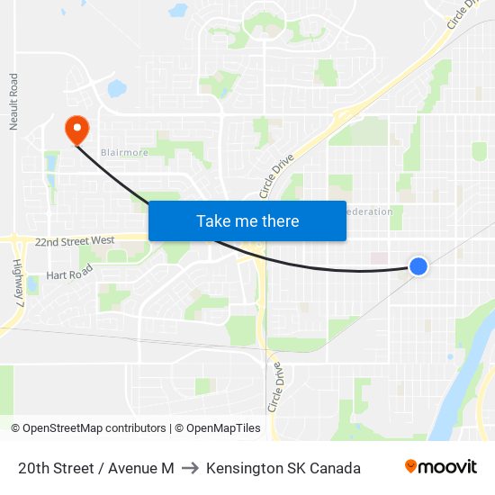 20th Street / Avenue M to Kensington SK Canada map