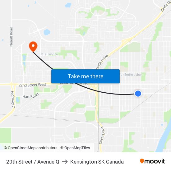 20th Street / Avenue Q to Kensington SK Canada map