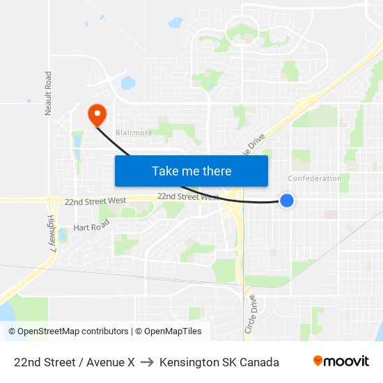 22nd Street / Avenue X to Kensington SK Canada map